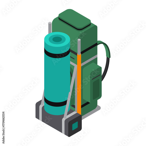 Isometric illustration of a green hiking backpack with a sleeping pad and gear