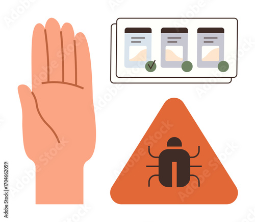 Open hand stopping, checklist with validation marks, insect on warning sign. Ideal for safety, quality control, risk management, food safety, inspections hygiene pest control. Simple flat metaphor
