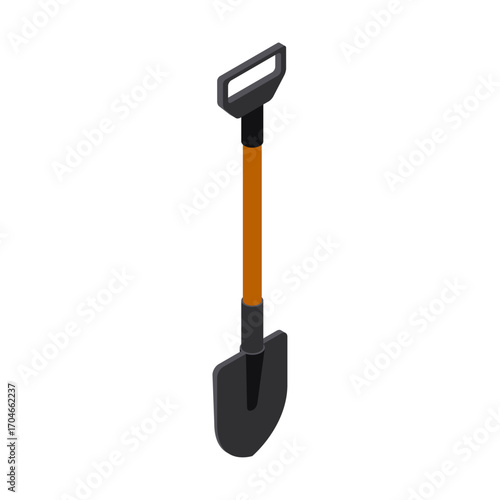A classic garden shovel with a D-handle, depicted in a clean isometric illustration style