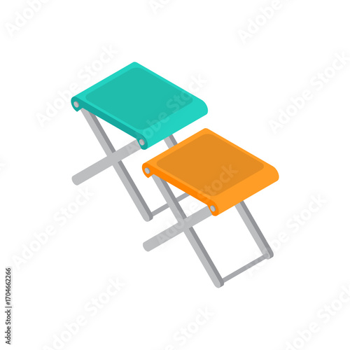 Isometric illustration of two colorful portable folding stools for camping and outdoor activities