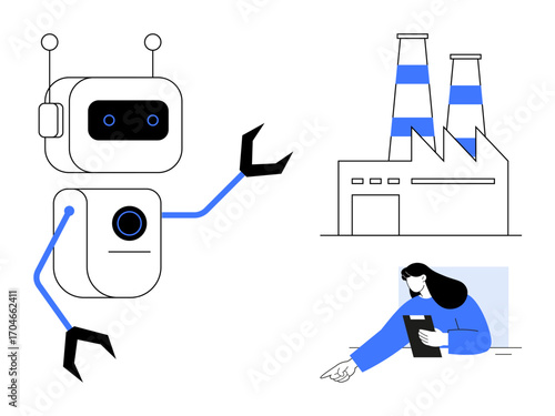 Robot with mechanical arms, factory with chimneys, and woman using a tablet. Ideal for AI in industries, automation, technology, innovation, remote control, efficiency simple landing page