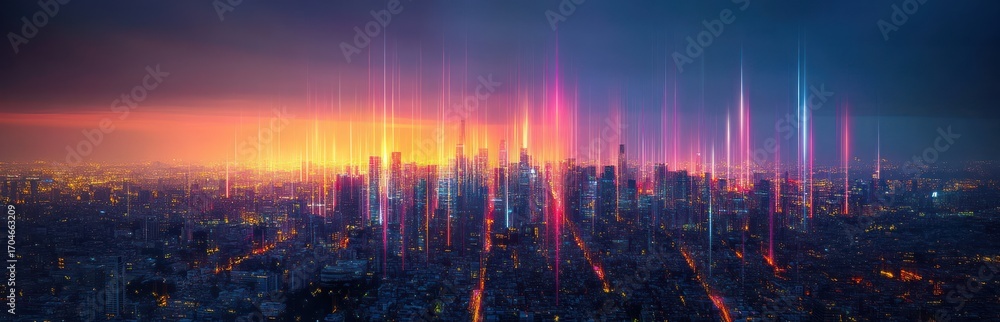 Fototapeta premium A futuristic cityscape at dusk with glowing vertical light beams rising from the buildings, casting vibrant purple, pink, and blue hues over the urban skyline