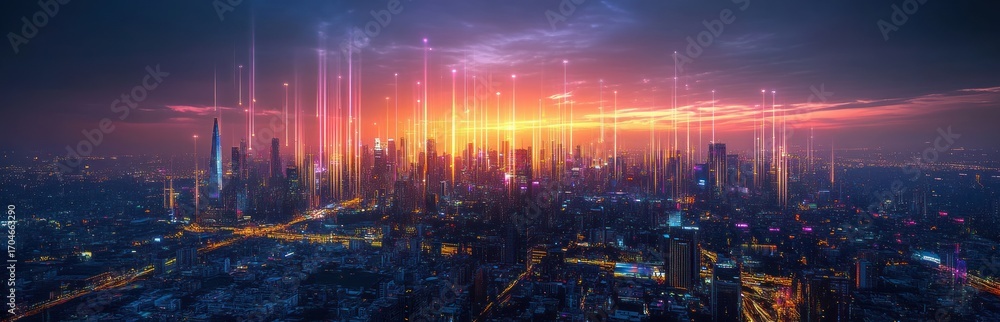 Fototapeta premium Futuristic cityscape at sunset with illuminated skyscrapers and vertical light beams enhancing the vibrant urban atmosphere