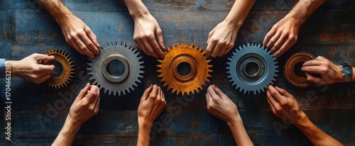 Multiple hands collaboratively connecting metal gears of different sizes and colors on a rustic wooden surface, symbolizing teamwork and cooperation