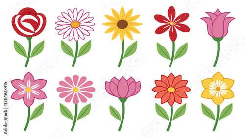 Colorful Flat Design Flowers and Leaves Border Collection