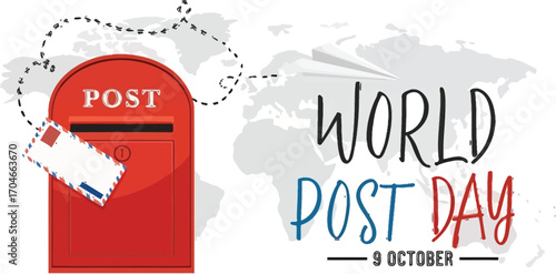 Celebrate World Post Day with a charming red mailbox and a paper airplane delivering messages worldwide