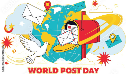 Celebrate World Post Day with vibrant global connections and a dove spreading messages worldwide