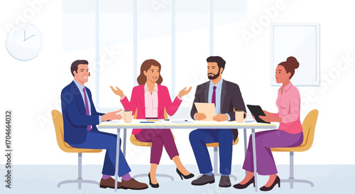 Diverse business team collaborating enthusiastically in a modern meeting room, discussing ideas and projects.