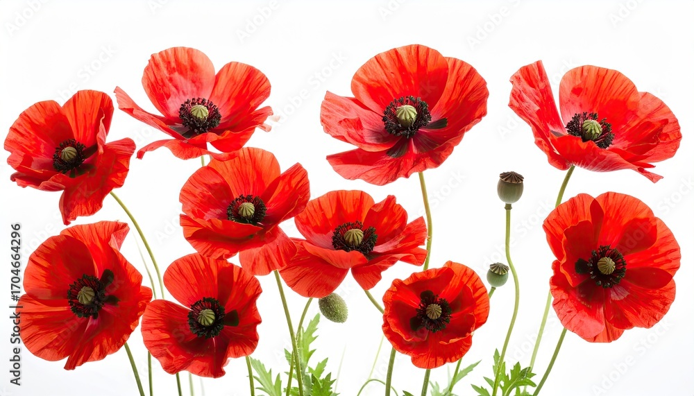 Obraz premium Bright red poppies against white background. Close-up, detailed view of vibrant flowers. Several stems with blossoms in various stages. Natural light, studio shot