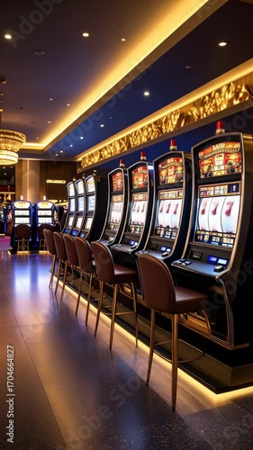 Elegant row of slot machines and brown leather chairs in a luxurious casino with golden accents and dimmed lights.