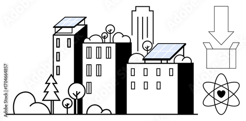 Cityscape with solar panels on rooftops, trees, a cardboard box, and atom and heart icons. Ideal for renewable energy, sustainability, urban planning, clean technology, eco-friendly living