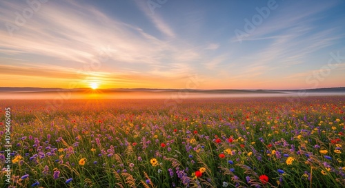 Golden sunrise over a vibrant meadow of wildflowers, creating a tranquil, idyllic summer landscape.