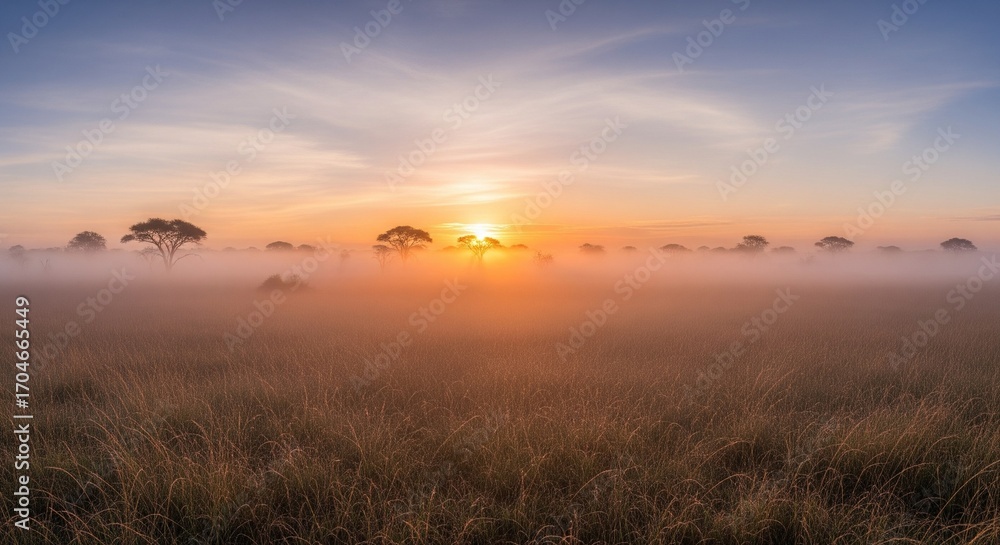 Obraz premium Sunrise over the African savanna with mist and acacia trees, a tranquil and scenic landscape.