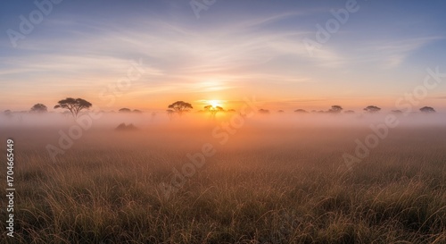 Sunrise over the African savanna with mist and acacia trees, a tranquil and scenic landscape.