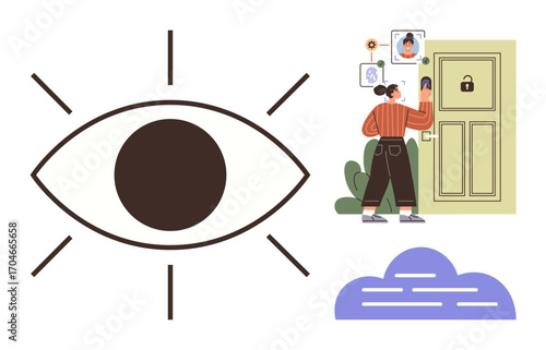 Person scanning details on a secure locked door with an eye symbol representing surveillance. Ideal for technology, privacy, security, data safety, authentication, access control, innovation