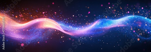 Dynamic swirling wave of glowing multicolored particles and light streaks creating an abstract flowing energy motion against a dark background