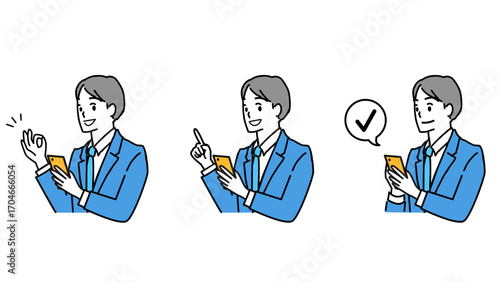 Illustration set of young men using smartphones, positive emotions