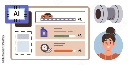 AI chip monitors car performance via dashboard showing oil level, tire pressure, and road activity. Features user avatar and wheel beside metrics. Ideal for technology, data, efficiency, diagnostics