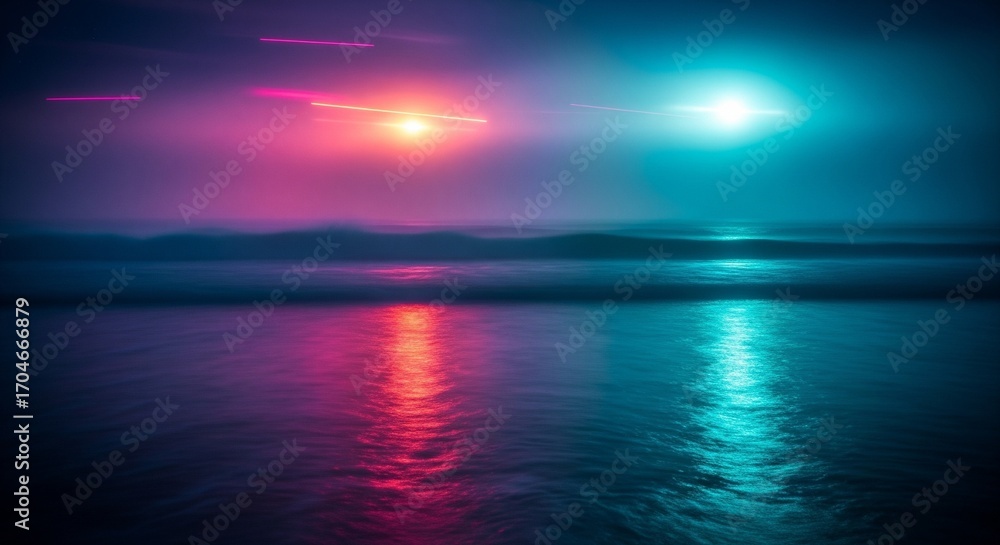 Fototapeta premium Vibrant neon lights reflect on ocean waves at night, creating a psychedelic, dreamlike atmosphere.