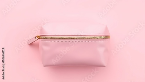 Pink cosmetic bag with gold zipper on soft pink background, 45-degree overhead view.