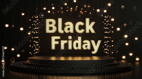 Illuminated black friday text on a dark stage with decorative lights in the background for promotion