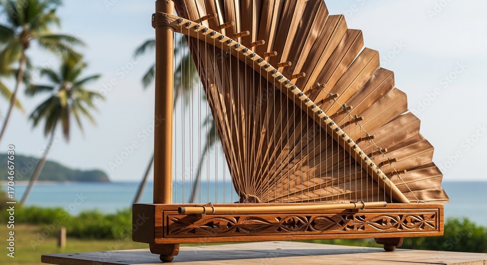 Naklejka premium Traditional wooden kora harp with intricate carvings on a beachside table.