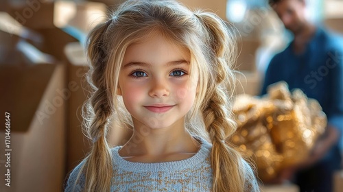 Wallpaper Mural Young blonde girl with braided hair smiling softly in a cozy indoor setting with blurred background featuring a person holding wrapped gifts Torontodigital.ca