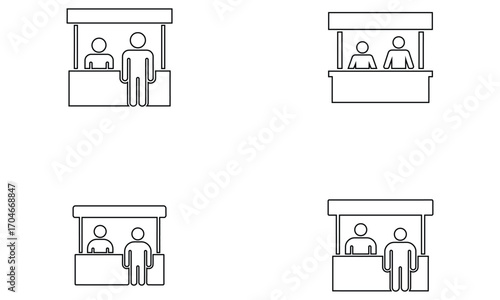 Market stall icon set with outline people shop booth business symbol design
