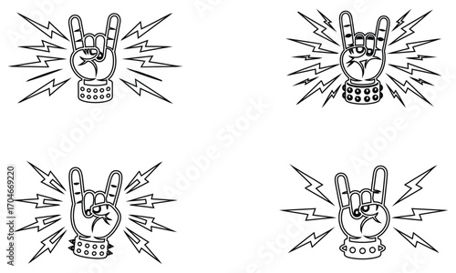 Rock hand symbol illustration set with lightning bolts punk music gesture design
