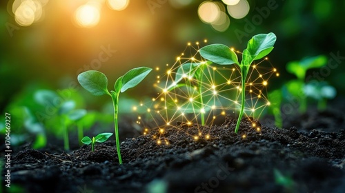 Young green seedlings growing in fertile soil with a glowing network of light connections symbolizing growth and innovation in a natural environment under warm sunlight