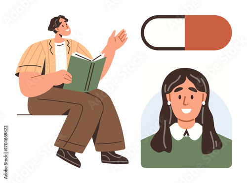 Man holding a book gesturing mid-discussion, womans profile smiling, and a pill representing knowledge, communication, health, self-improvement, learning, wellness and personal growth. Simple flat