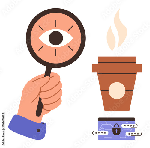 Hand holding magnifying glass with focused eye, steaming coffee cup, and secured password field. Ideal for investigation, focus, security, technology, productivity, research and privacy concepts