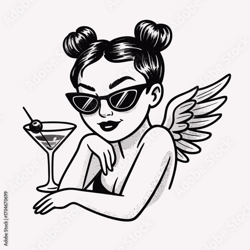 A black and white illustration of a pin-up style angel
with a martini glass