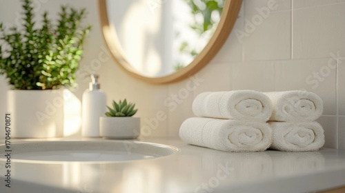 Bright clean bathroom countertop with neatly rolled white towels, green potted plants, liquid soap dispenser, and round mirror reflecting soft natural light