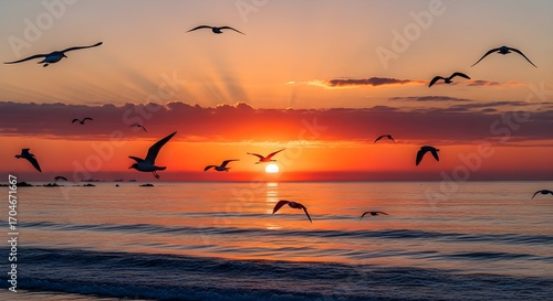 Wallpaper Mural Flock of seagulls flying over the ocean at vibrant sunset with sun rays Torontodigital.ca