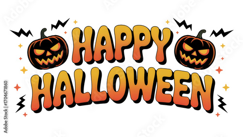 Spooky jack-o'-lanterns and vibrant text celebrate a festive Happy Halloween season with playful stars, perfect for party invitations and decorations.