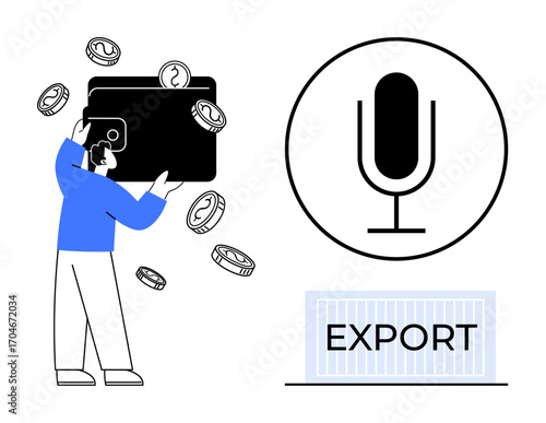 Person holding digital wallet with falling coins, large microphone icon, and export label. Ideal for finance, technology, digital payments, trading, voice command, globalization simple landing page