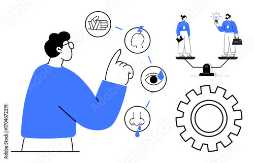 Man analyzing sensory input, decision-making icons, balancing ideas on a scale, gear for process concept. Ideal for decision-making, innovation, analysis, logic, problem-solving balance workflow