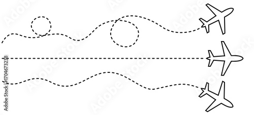 Set of Airplane Flight Paths with Dotted Lines, Travel Routes, and Aviation Icons Vector Illustration