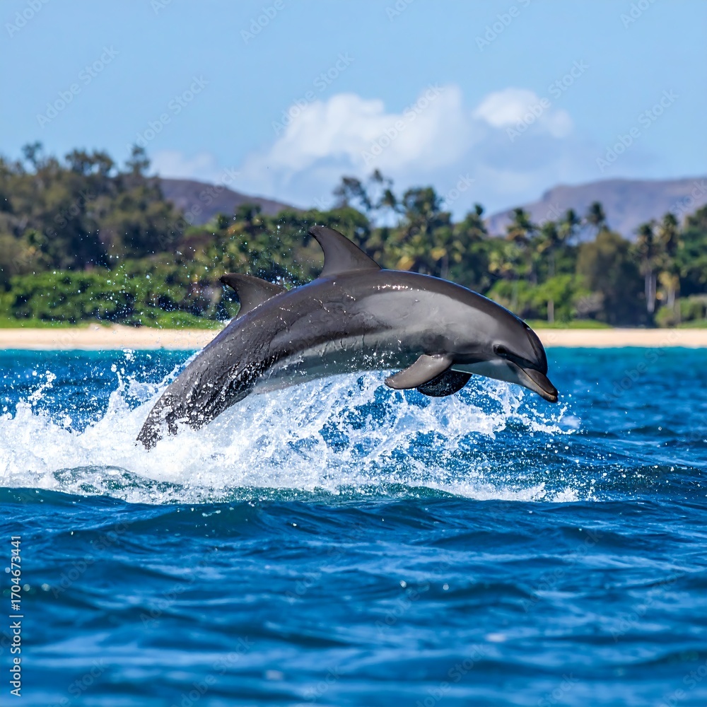 Fototapeta premium Dolphin leaping over ocean waves near tropical shore