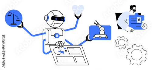 Robot managing tasks thumbs up balancing justice, digital automation, and data entry alongside a human. Ideal for artificial intelligence, technology, automation, innovation, digital solutions