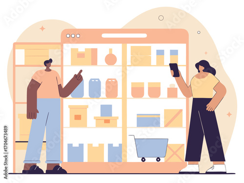 Modern shoppers interact with digital interface in vibrant retail environment, creating engaging online shopping experience.