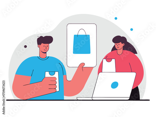 Happy couple easily shopping online using laptop and smartphone, modern lifestyle convenience