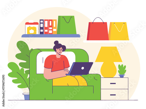 Woman comfortably shops online from her couch surrounded by colorful shopping bags, books, and plants creating a vibrant home office atmosphere