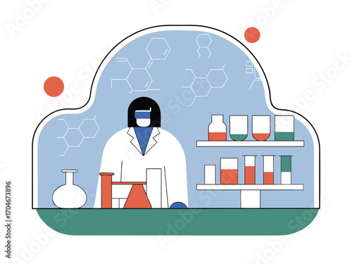 Modern scientist in lab coat conducting chemical experiments with flasks and molecular structures, showcasing innovation