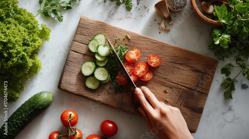 Sliced tomato and cucumber on wooden cutting board with fresh herbs and hand using knife, bright kitchen prep scene showing healthy vegetables and chopping action
