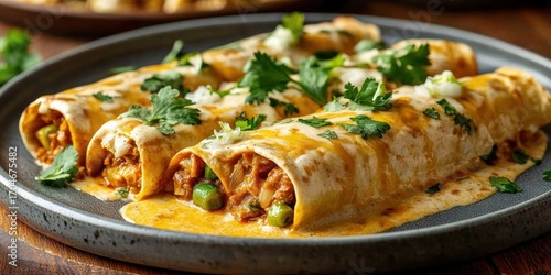 Wallpaper Mural Three rolled savory crepes filled with vegetables and meat topped with creamy sauce and fresh cilantro on a round gray plate Torontodigital.ca