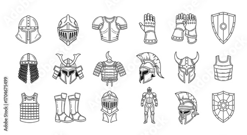 Collection of line art illustrations depicting various historical armors and helmets.