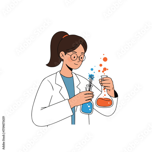 Flat 2D vector illustration of a female scientist in a lab coat mixing colorful liquids in beakers on World Science Day for Peace and Development.