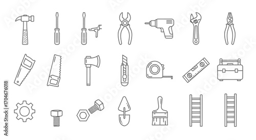 A collection of various hand tools, depicted as simple line art icons, arranged in a grid.